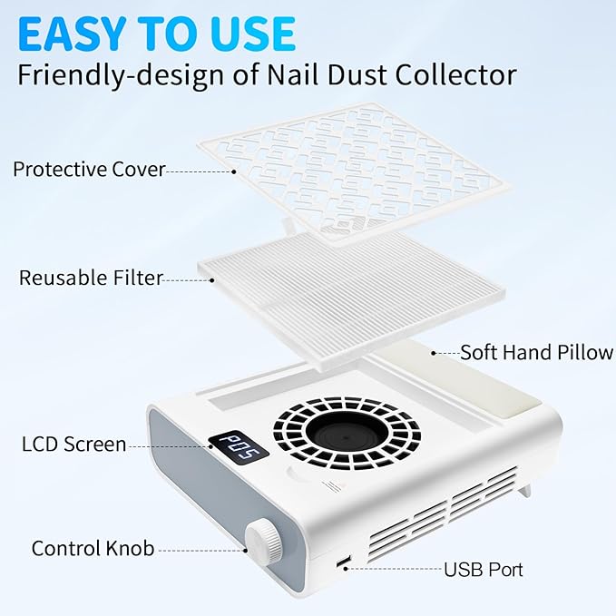 CGBE Dust Collector Nail Tech: 3600 RPM Brushless Nail Dust Collector with 5 Speed Suction, Hand Pillow, 2 Filter & 10 Disposable Filter Papers, Dust Collector for Home & Salon (White)