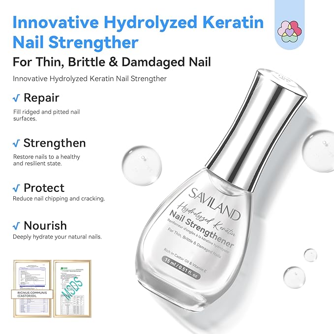 SAVILAND Advanced Nail Strengthener: Clear Air Dry Nail Growth for Damaged Nails Fingernail Polish Strengthening Repair Weak & Thin Nails Treatment with Castor Oil & Vitamin E 15ml Women Gift