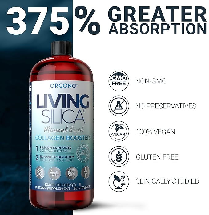 Orgono Living Silica Collagen Booster | Vegan Mineral-Based Silica Supplement | Supports Healthy Collagen & Elastin Production for Joint & Bone Support, Glowing Skin, Strong Hair & Nails | 33.8 Fl Oz