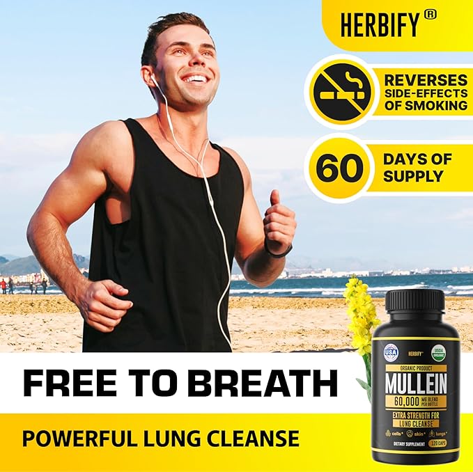 HERBIFY Mullein Capsules - Lung Cleanse - Leaf Extract - Powerful Mullein for Immune Support, Detox & Respiratory Support - Made in USA - Herbal Supplements - 120 Capsules