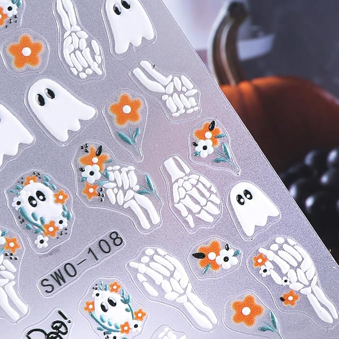 Halloween Nail Art Stickers Decals 3D Cute Ghost Black Cat Halloween Nail Stickers 4PCS Pumpkin Spider Web Skeleton Flower 3D Embossed Nail Decals Manicure Sliders for Women Nail Art Decorations