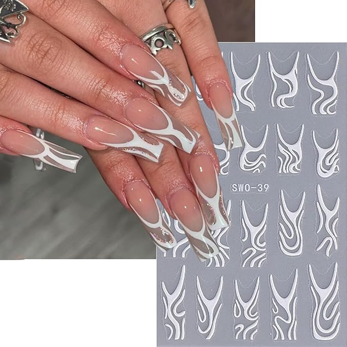 Line Nail Stickers 3D Self Adhesive Nail Art Stickers French Nail Decals Irregular Lines Black White Heart Design Cute Nails Sticker for Nails Art for Women Decoration Salon Manicure Supplies