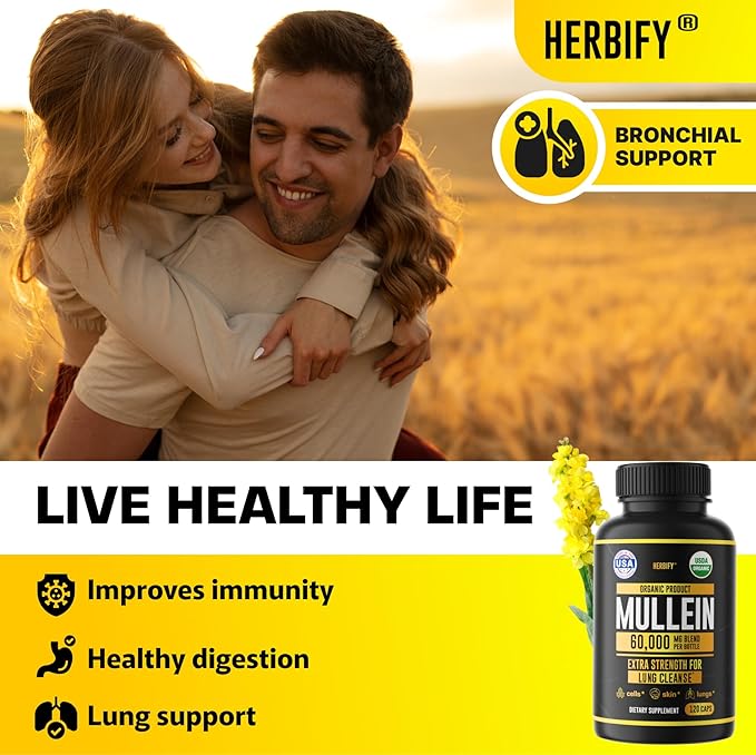 HERBIFY Mullein Capsules - Lung Cleanse - Leaf Extract - Powerful Mullein for Immune Support, Detox & Respiratory Support - Made in USA - Herbal Supplements - 120 Capsules