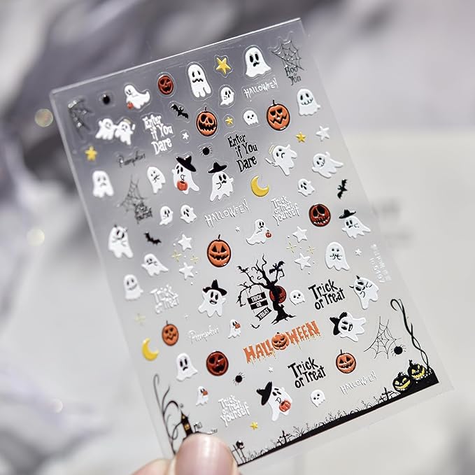 1Sheet Embossed 5D Halloween Nail Stickers Cute Ghost Pumpkin Nail Decals Self-Adhesive Halloween Spider Web Bats Nail Supplies Pegatinas Uñas Spider Nails Design for Women DIY Manicure Decoration
