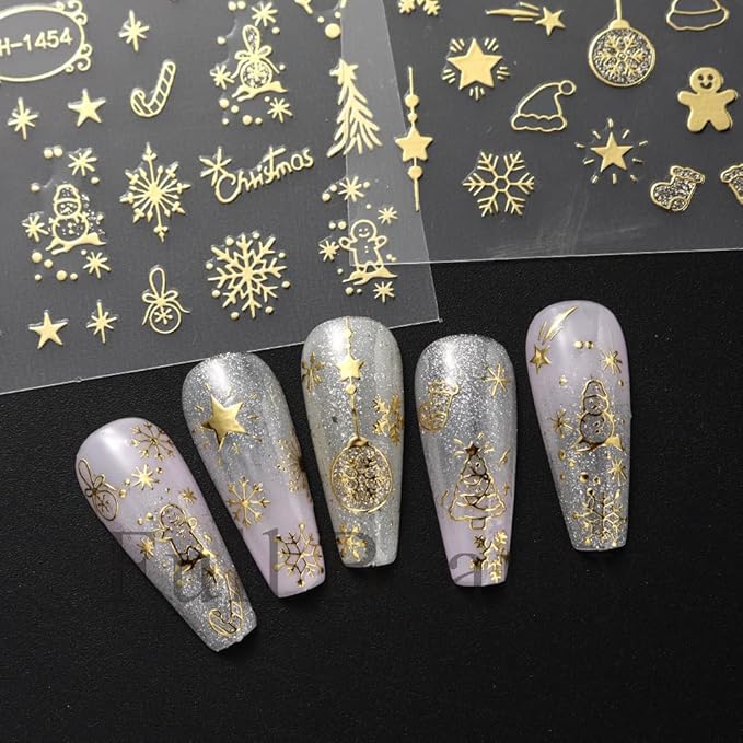 Christmas Nail Art Stickers 3D Gold Crystal Ball Snowflake Tree Christmas Nail Stickers 6PCS Candy Cane Cute Elk Self-Adhesive Xmas Nail Decals Sliders New Year Holiday Nail Art Supplies for Women