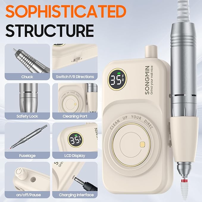 Professional Nail Drill 35000 RPM,SONGMIN Portable Cordless Efile with Bits Kit for Acrylic Nails Gel Polishing Removing,Rechargeable Electric Nail File Machine for Manicure,Pedicure Salon Home,White