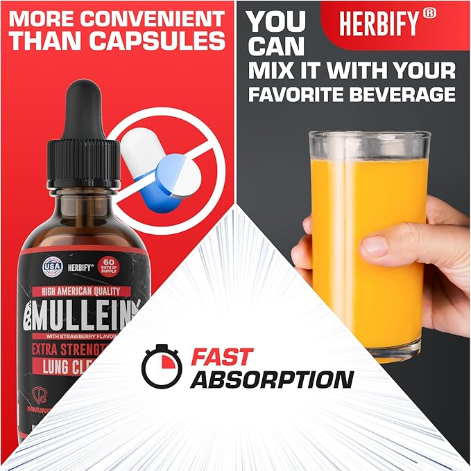 HERBIFY Mullein Drops - Lung Cleanse - Leaf Extract - Powerful Mullein for Immune Support, Detox & Respiratory Support - Made in USA - 4 Oz Strawberry Flavor