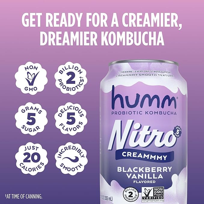 Humm Nitro Kombucha Blackberry Vanilla, Creamy Smooth Probiotic Drink with L-Theanine, Non-GMO, Vegan, Gluten Free, 12 fl oz (Pack of 12)