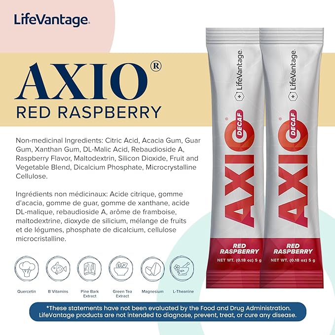 LifeVantage AXIO Regular Energy Drink Powder, Nootropic Supplement, Focus & Mood Support, with L-theanine, Green Tea, B Vitamins, DMAE, Quercetin & Pine Bark, Red Raspberry, 30 Packets