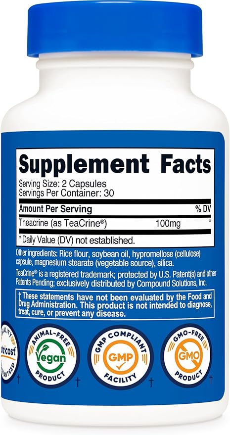 Nutricost Theacrine as Teacrine 100 MG per Serving, 60 Capsules - 30 Servings, Vegan, GMO-Free