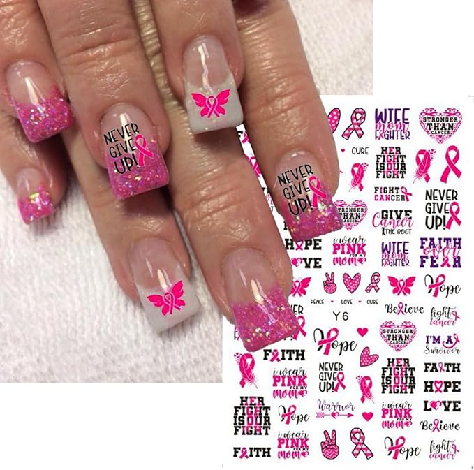 Breast Cancer Nail Stickers Pink Ribbon Nail Decals 3D Self-Adhesive Nail Art Stickers Heart Flower Letter Love Design Concern Female Awareness Manicure Supplies for Women 6 Sheets