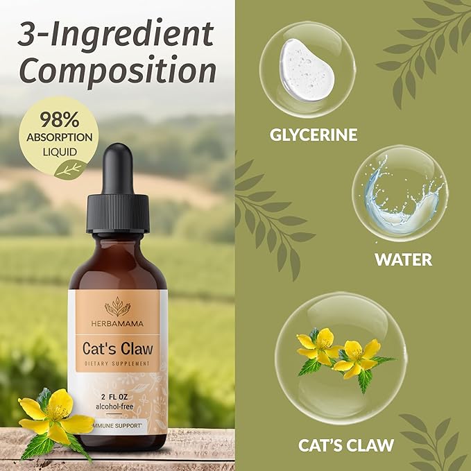 HERBAMAMA Cat's Claw Tincture - Vegan Cat's Claw Extract Supplement for Immune Support - Non-GMO, Alcohol & Sugar-Free Uncaria Tomentosa Drops