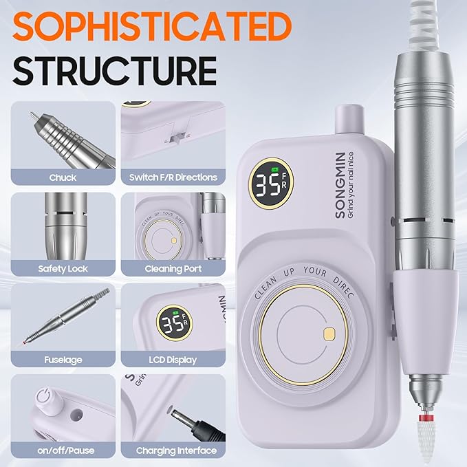 Professional Nail Drill 35000 RPM,SONGMIN Portable Cordless Efile with Bits Kit for Acrylic Nails Gel Polishing Removing,Rechargeable Electric Nail File Machine for Manicure,Pedicure Salon Home,Purple