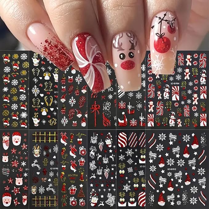 12Sheets Christmas Nail Art Stickers Snowflake Snowman 3D Self-Adhesive Xmas Nail Decals Nail Art Supplies Red Gold Santa Claus Elk Xmas Tree Santa's Hat Design Holiday Nail Art Accessories for Women