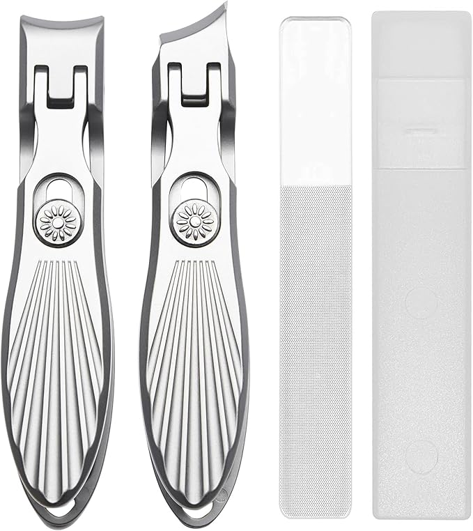 Curved and Slanted Nail Clippers Set for Men Thick Nails, Large Wide Jaw Opening Heavy Duty Stainless Steel Ultra Sharp Toenail Clippers with Catcher for Adult,Seniors (Grey-Combo)