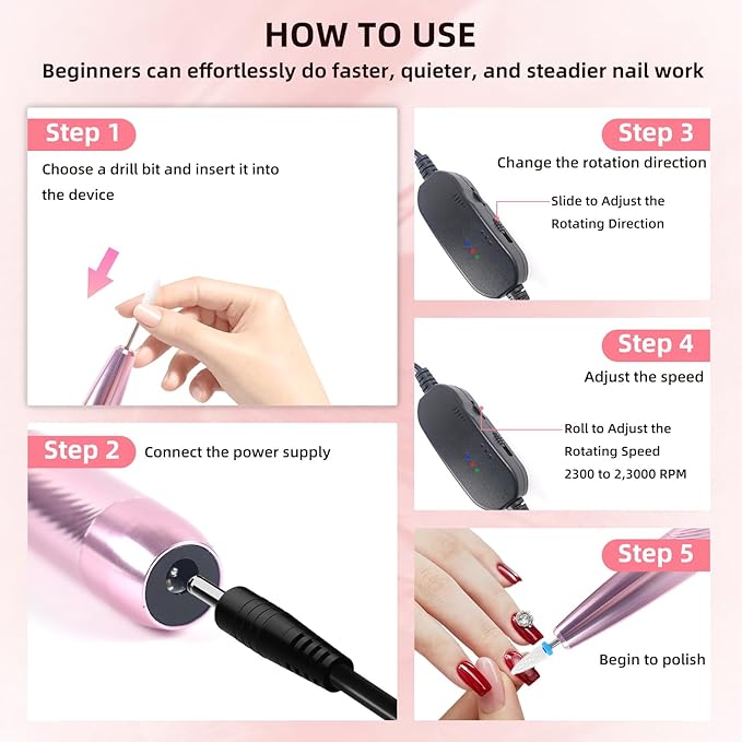 Portable Electric Nail Drill Machine Professional Kit, 0-23000 RPM Adjustable Speed, Nail Grinder Manicure Tool for Home Salon with Drill Bits Sanding Bands for Acrylic Gel Nails Pink