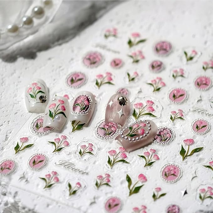 1Pcs Tulip Nail Art Stickers 5D Embossed Flower Nails Decals Silver Hot Stamping Irregular Geometric Frames Design Pink Flower Nail Stickers Self Adhesive Floral Nails Supplies for Women Manicure