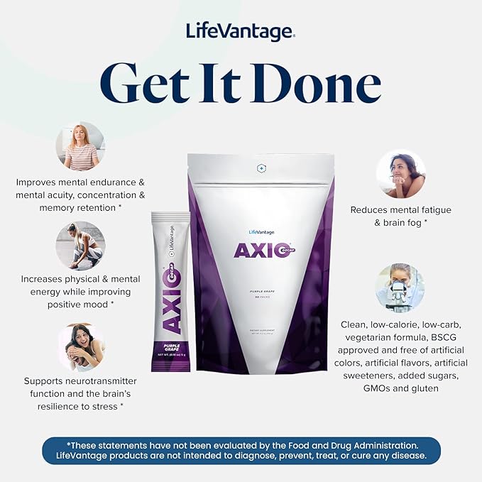LifeVantage AXIO Regular Energy Drink Powder, Nootropic Supplement, Focus & Mood Support, with L-theanine, Green Tea, B Vitamins, DMAE, Quercetin & Pine Bark, Purple Grape, 30 Packets