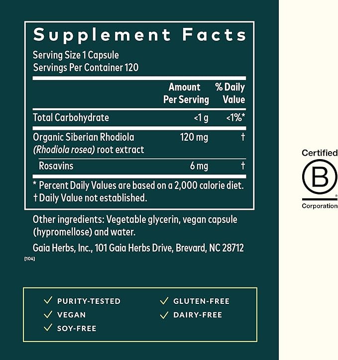 Gaia Herbs Rhodiola Rosea - Stress Support Supplement Traditionally for Supporting Healthy Stamina and Endurance - With Siberian Rhodiola Root Extract - 120 Vegan Liquid Phyto-Capsules (60-Day Supply)