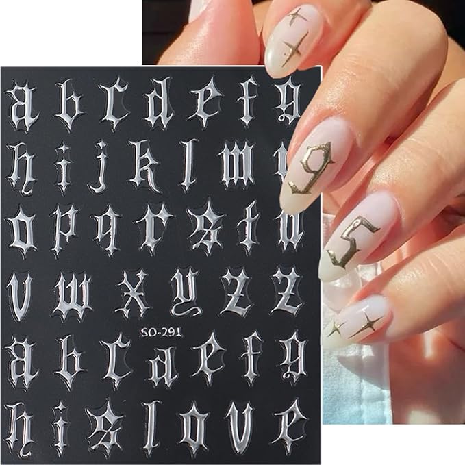 Retro English Letters Nail Stickers 3D Self Adhesive Old English Nail Art Stickers Black White Gold Silver Nails Design Decals Old Alphabet Nail Decorations for Women DIY Nails Supplies 8Sheets