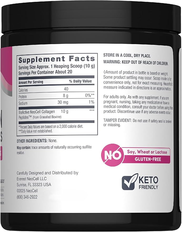 NeoCell Super Collagen Peptides, 10g Collagen Peptides per Serving, Gluten Free, Keto Friendly, Non-GMO, Grass Fed, Healthy Hair, Skin, Nails and Joints, Unflavored Powder, 7 oz., 1 Canister