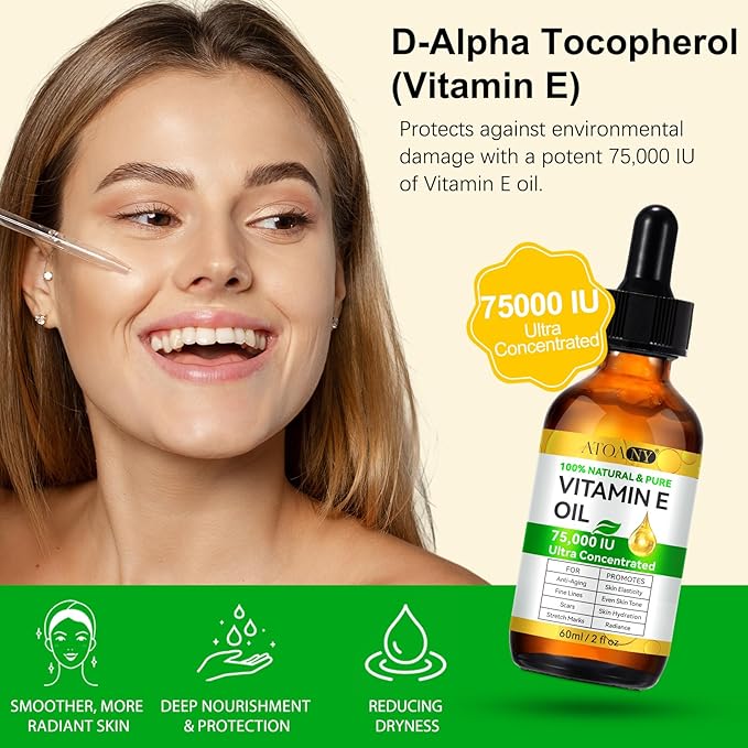 Vitamin E Oil,Natural Vitamin E Oil for Skin 75,000 IU, Organic Pure Vitamins E Oils for Skin Face,Body Bath Moisturizing and Winkles,Reduce Fine Lines & Scars 2Fl Oz