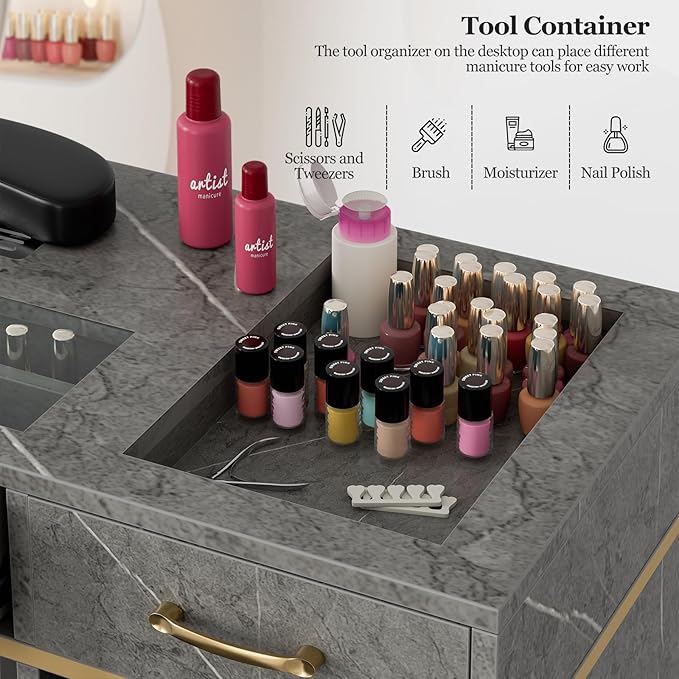 Nail Tech Table with Dust Collector, Glass Top Manicure Table Nail Desk Station w/7 Drawers & 3-Tiers Open Shelves, Nail Beauty Workstation w/Wrist Cushion & Golden Handles(Gray Marble Color)