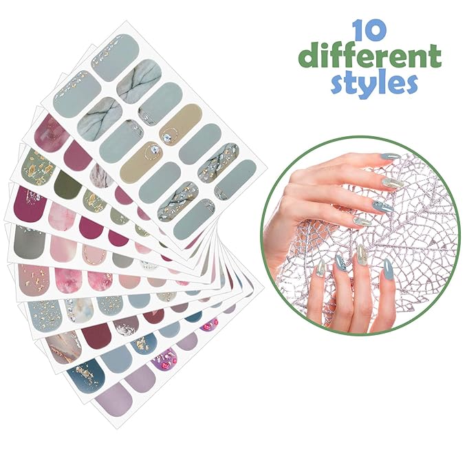 140 Pcs 10 Sheets Full Wrap Nail Stickers Polish Strips Gradient Stickers Glitter Self Adhesive DIY Art Decals Strips with 2 Pcs Nail Files for Holiday Decor (Classic Style)