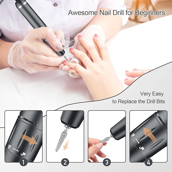 Professional Portable Nail Drill, 30000RPM Rechargeable Electric Nail File Machine for Acrylic Nails Gel Polishing Removing,Cordless E File Nail Drill Machine with Bits for Manicure Salon Home, Gray
