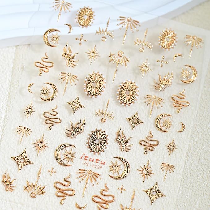 1 Sheets Embossed Gold Nail Stickers for Nail Art 5D Self Adhesive Design Gold Flame Snake Nails Decals Star Nail Art Stickers Bronzing Sun Moon Star Nails Supplies for Women DIY Manicure