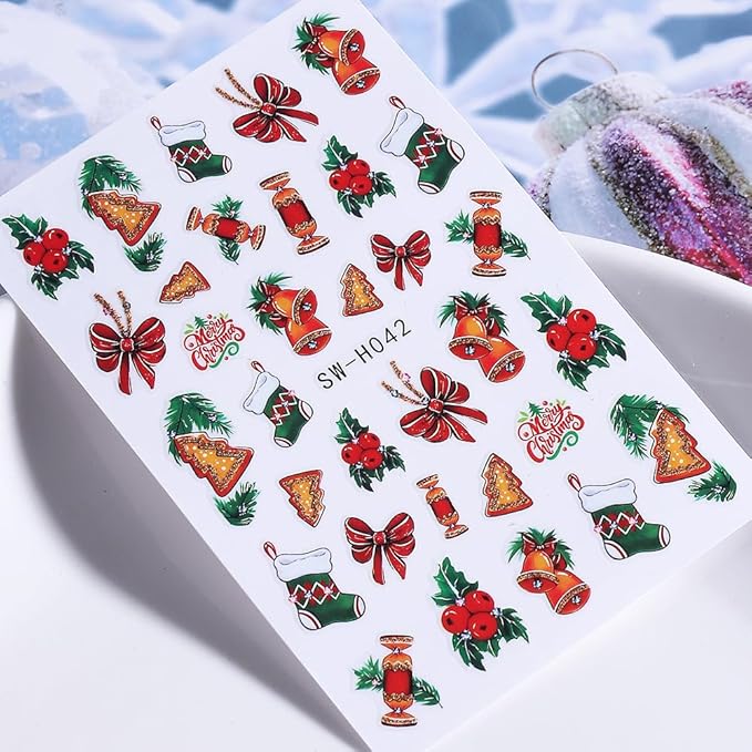 Christmas Nail Stickers Bow Stocking Snowman Nail Art Stickers Holiday Flower Candy Nail Decals 6Pcs Self-Adhesive Christmas Tree Design Sticker Holiday Nail Art Decoration for Women Manicure