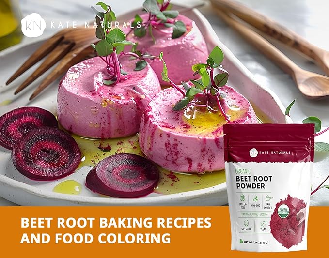 Kate Naturals Organic Beet Root Powder for Smoothies, Baking & Juice. Raw Beetroot Superfood Extract & Natural Red Food Coloring & Nitric Oxide (8oz, Non-GMO, Earthy Flavor)