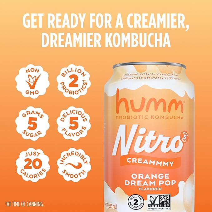 Humm Nitro Kombucha Orange Dream Pop, Creamy Smooth Probiotic Drink with L-Theanine, Non-GMO, Vegan, Gluten Free, 12 fl oz (Pack of 24)