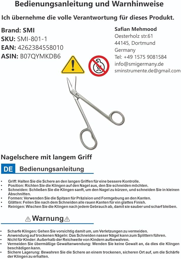 SMI 16 cm Long Handle Toenail Scissors for Seniors Podiatrist Nail Clippers for Disabled Thick & Ingrown Nails Stainless Steel Nail Scissors Nail Cutters (Large)