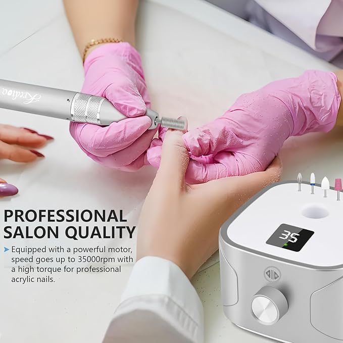 Kredioo Electric Nail Drill Professional for Salon Use 35000RPM Efile File Kit for Gel Nails Polish Remover with 11 Bits and Sanding Bands Build-in Bit Holder -Silver
