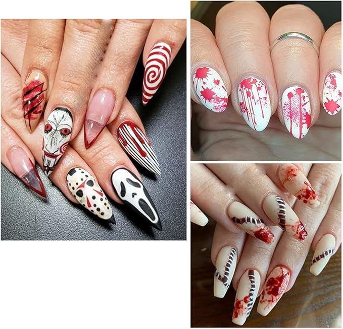 TOFD Blood Nail Art Stickers Halloween Sticker Decals, Self Adhesive 3D Supplies Scar Clown Snake Eye Heart Designs for Women Girls Acrylic Nails, 4 Count (Pack of 1)