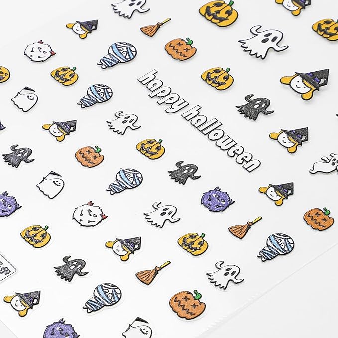 Halloween Nail Stickers for Nail Art - Cute Ghost Nail Art Sticker Bat Witch Hat 5D Embossed Nail Decals Self-Adhesive Nails Supply Manicure Stickers for Nails Decoration (Happy All Saints' Day)