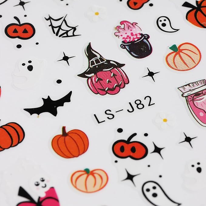 Halloween Nail Art Stickers Cute Ghost Pumpkin 3D Self-Adhesive Nail Decals Bat Cat Skull Designs Nail Decorations Halloween DIY Manicure Supplies for Women Girls&Kids 6Pcs