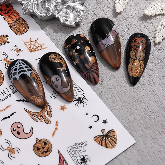 10 Sheets Halloween Nail Stickers for Nail Art Ghost Nail Art Sticker 3D Self-Adhesive Silver Gold Glitter Pumpkin Spider Web Spooky Spider Bat Nail Decals Stickers for Halloween Nails DIY