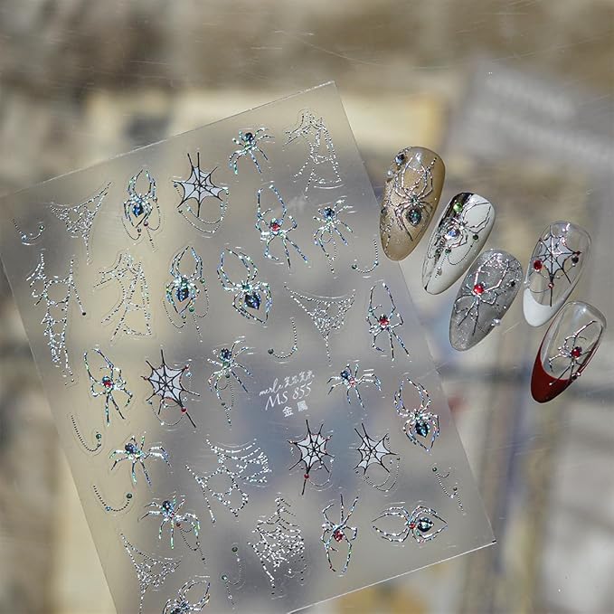 1 Sheets Halloween Nail Stickers for Nail Art Metal Spider Nail Art Stickers Silver Spiders Web with Rhinestones Design Horror Gothic Nail Decals Manicure Decoration for Women Acrylic Nail Supplies