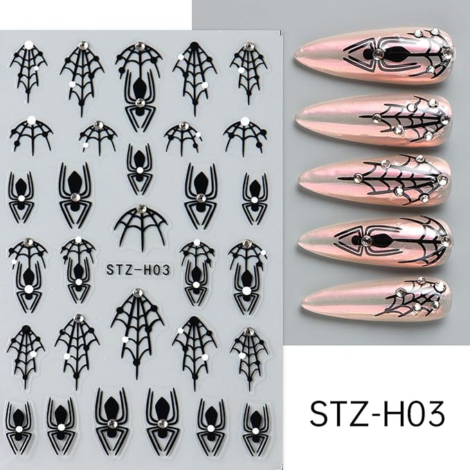 Spider Web Nail Art Stickers Halloween Nail Decals Cobweb Nail Stickers Rhinestone Design 3D Self-Adhesive Black Spiderweb Nail Sliders Manicure Accessories Holiday Nail Decorations for Women