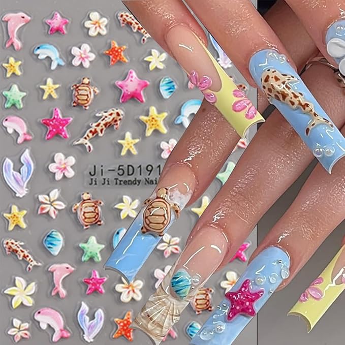 Flower Nail Stickers Summer Nail Decals Shell Nail Stickers for Nails Art Colorful Starfish Sea Turtles Corals Fish Design Ocean Nails Art Sticker for Women Decor Manicure Supplies 3 Sheet