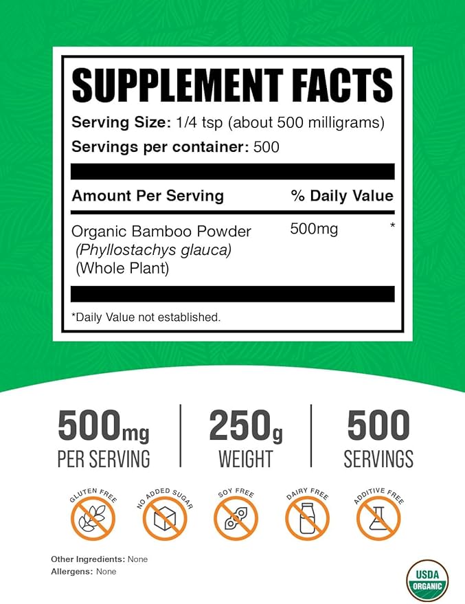 BulkSupplements.com Organic Bamboo Powder - Silica Supplements, Bamboo Supplement - Gluten Free, 500mg per Serving, 250g (8.8 oz) (Pack of 1)