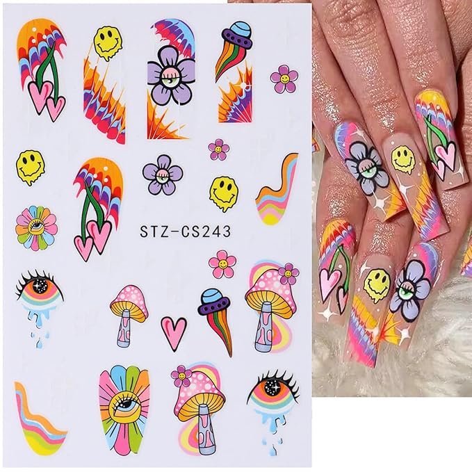8 Sheets Nail Art Stickers Graffiti Flower Evil Eye 3D Self-Adhesive Nail Decals Rainbow Mushroom Star Moon Designs Nail Decorations Summer Nail Stickers Colorful Nail Supplies for Women DIY Manicure