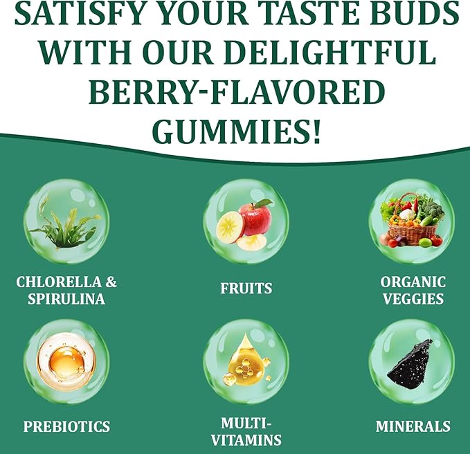 Greens Gummies, Daily Greens Gummies with Organic Chlorella and Spirulina, Digestive & Gut Health, Low Sugar, Formulated with 60+ Ingredients, Individual Packets,160 Gummies Bear