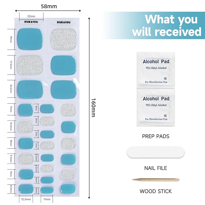Semi Cured Gel Toe Nail Strips,26 Pcs Toe Nail Stickers Wraps for Summer Holiday(Light Blue),Gel Strips UV Light Required,Easy to Apply