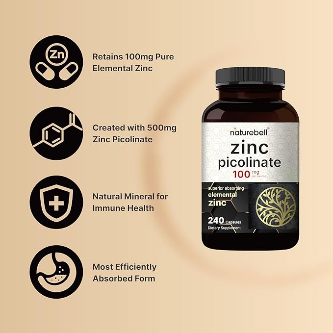 High Potency Zinc Picolinate 100mg - 240 Capsules, Bioavailable Form of Zinc for Immune Support and Skin Health - Non-GMO and Gluten