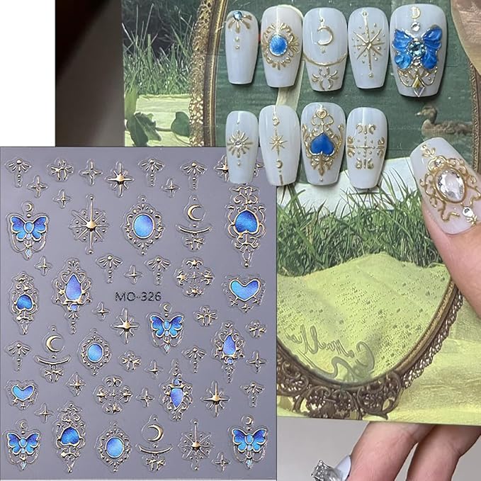 Retro Sun Moon Star Nail Art Stickers Baroque Style Nail Design Nail Decals 5D Embossed Self-Adhesive Butterfly Nail Stickers Red Blue Heart Bow Nail Decoration Supplies for Women DIY Manicure -3Pcs