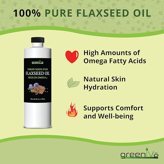 GreenIVe Flax Seed Oil Organically Grown100% Pure Cold Pressed High Vegan Omega Fatty Acids (16 Fl Oz)
