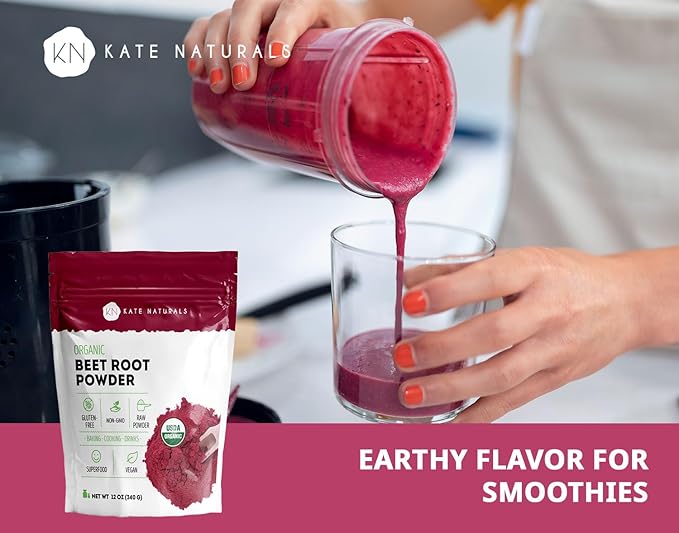 Kate Naturals Organic Beet Root Powder for Smoothies, Baking & Juice. Raw Beetroot Superfood Extract & Natural Red Food Coloring & Nitric Oxide (8oz, Non-GMO, Earthy Flavor)